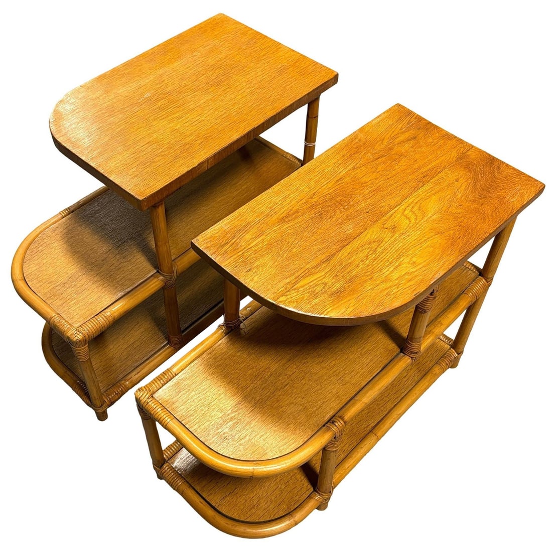 Restored Streamline Rattan & Mahogany 3-Tiered "Trio" End Table, Pair - 17