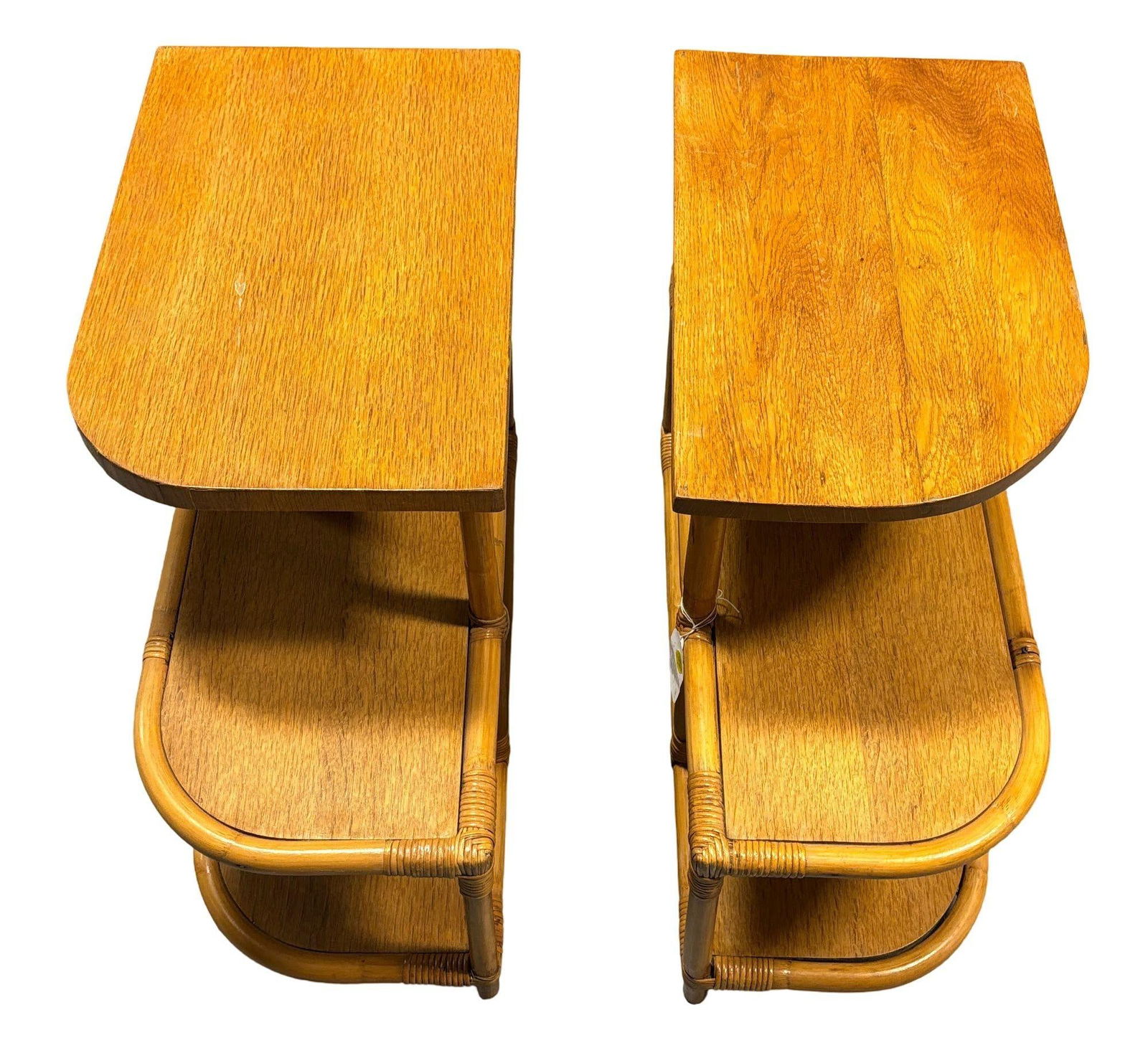 Restored Streamline Rattan & Mahogany 3-Tiered "Trio" End Table, Pair - 18