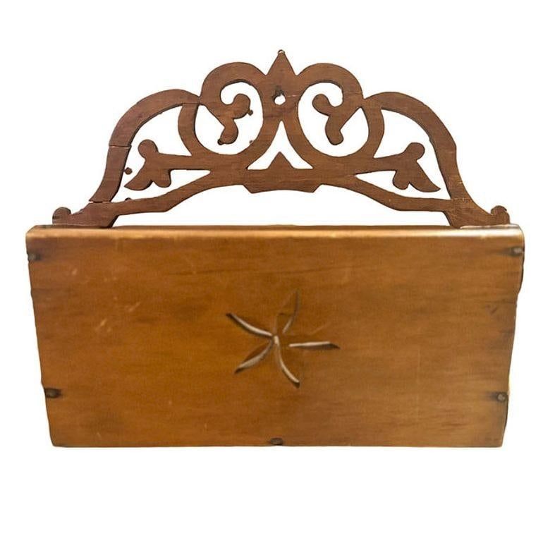 Vintage Hand Carved Edwardian Wooden Wall Mailer Mailbox w/ Star - 14
