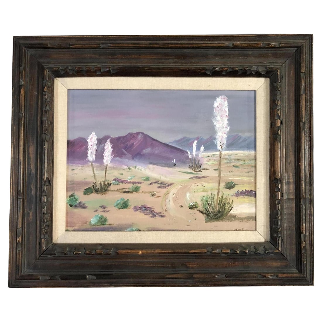1950s Midcentury Desert Scenic Landscape Oil on Board in Original Frame, Signed: Title: 1950s Midcentury Desert Scenic Landscape Oil on Board in Original Frame, Signed Description: Original Mid-century artwork oil on board of desert scenic signed Purkis in its original Syroco wood