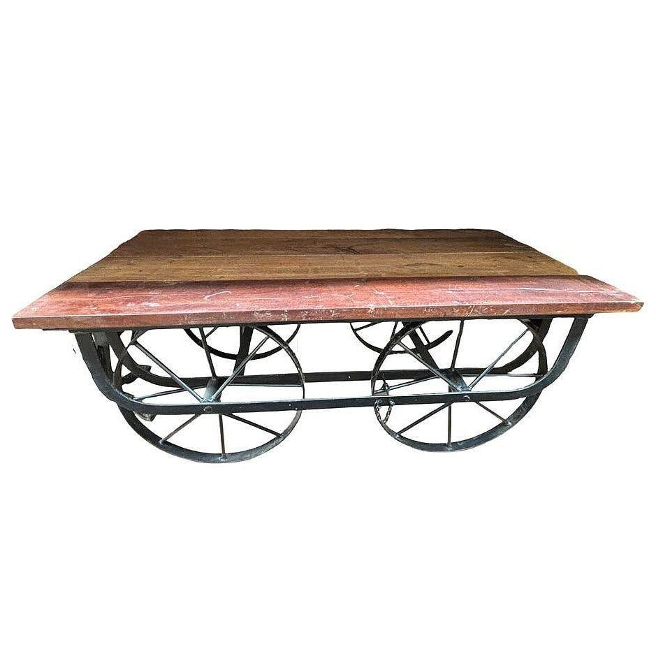 Industrial Iron & Wood Railroad Style Rolling Trolly Cart Coffee Table - 10