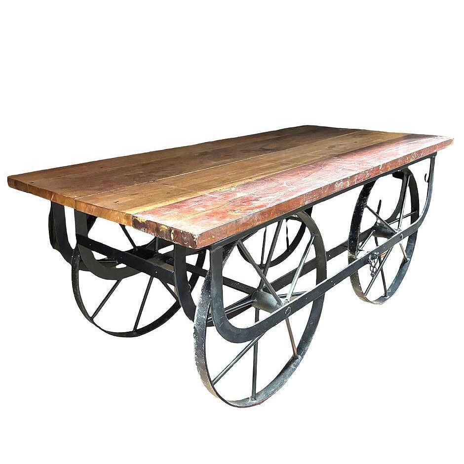 Industrial Iron & Wood Railroad Style Rolling Trolly Cart Coffee Table - 2