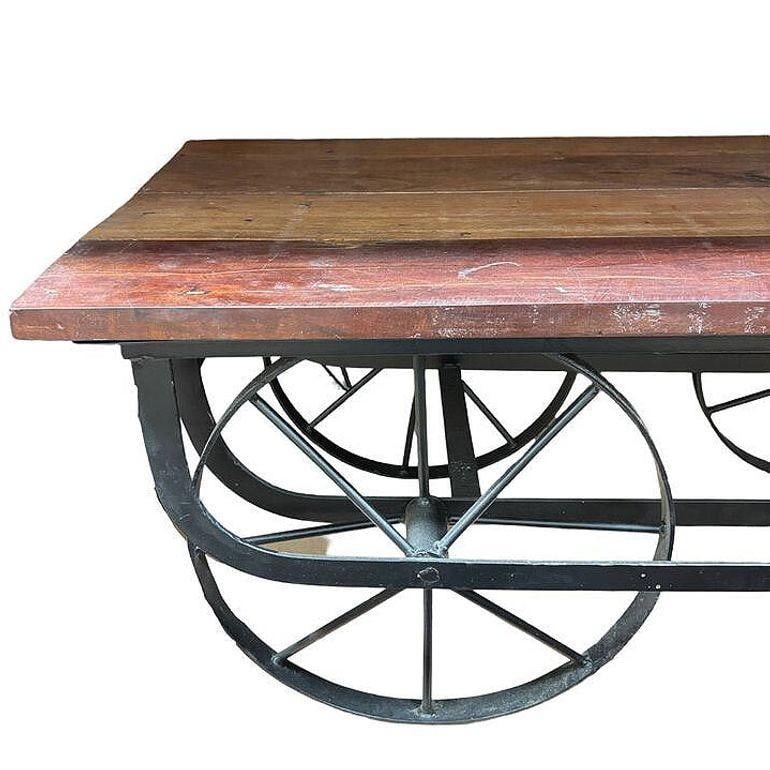 Industrial Iron & Wood Railroad Style Rolling Trolly Cart Coffee Table - 5