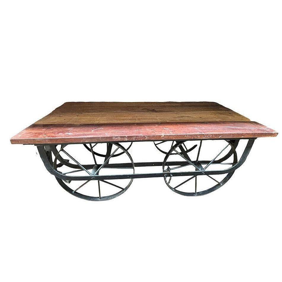 Industrial Iron & Wood Railroad Style Rolling Trolly Cart Coffee Table - 8