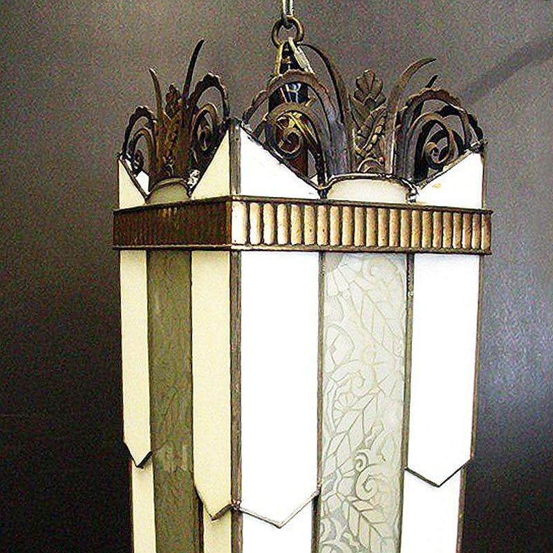 Art Deco Geometric Leaded Glass Grand Theater Chandelier w/ Bronze Scrolling Top - 12