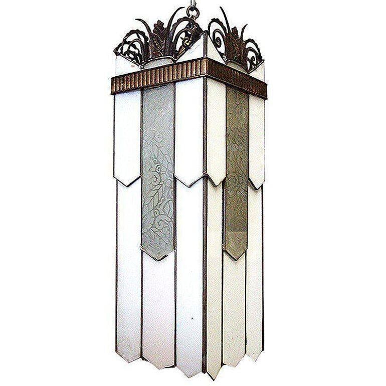 Art Deco Geometric Leaded Glass Grand Theater Chandelier w/ Bronze Scrolling Top - 15