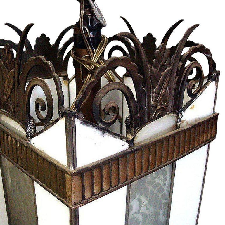Art Deco Geometric Leaded Glass Grand Theater Chandelier w/ Bronze Scrolling Top - 18