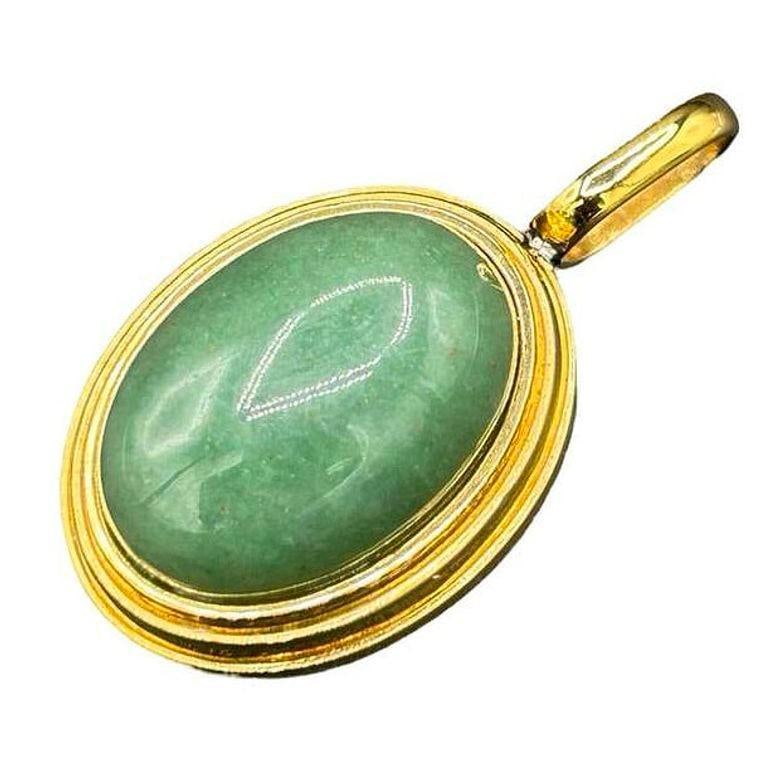 Large 14k Gold Stepped Natural Aventurine Oval Pendent - 10