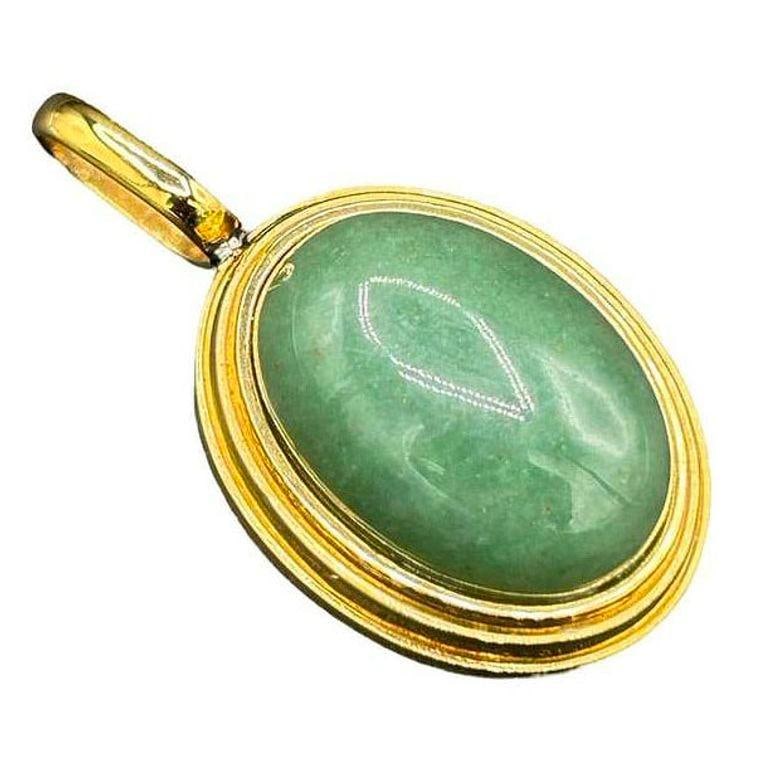 Large 14k Gold Stepped Natural Aventurine Oval Pendent - 16