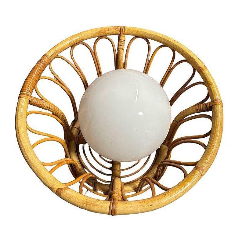 Albini Style Tulip-Shaped Reed Rattan Cieling Pendant Light w/ Glass Globe - 20