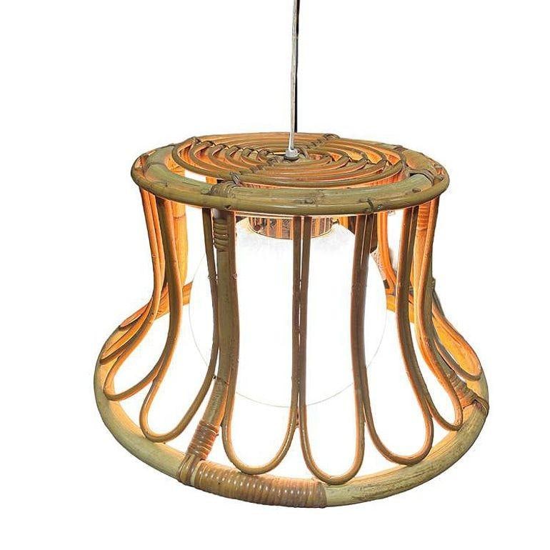 Albini Style Tulip-Shaped Reed Rattan Cieling Pendant Light w/ Glass Globe - 6