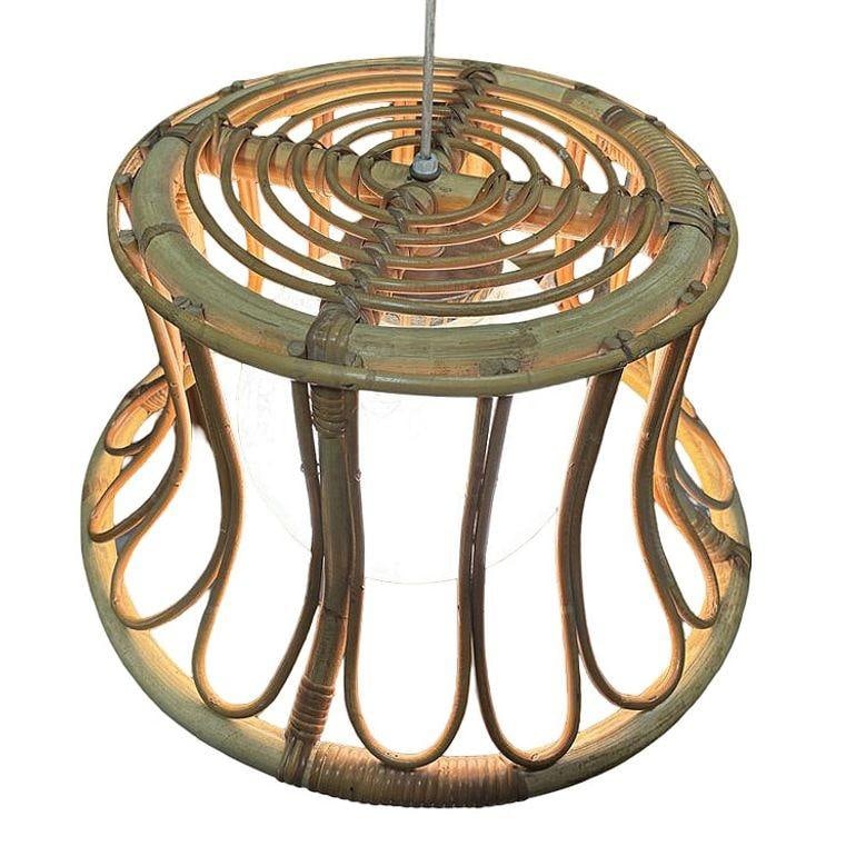 Albini Style Tulip-Shaped Reed Rattan Cieling Pendant Light w/ Glass Globe - 9