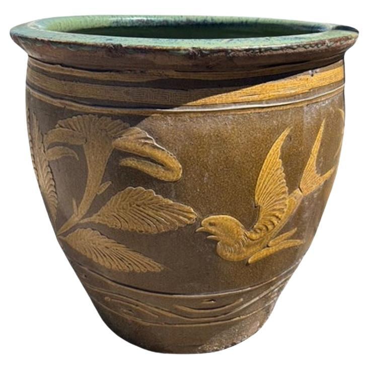 Antique Chinese Century-Egg Pottery Jar • Bird & Fern Motifs • Coastal Jardinièr: Title: Antique Chinese Century-Egg Pottery Jar • Bird & Fern Motifs • Coastal Jardinièr Description: Late 19th-century Chinese art pottery century-egg jar adorned with beautifully