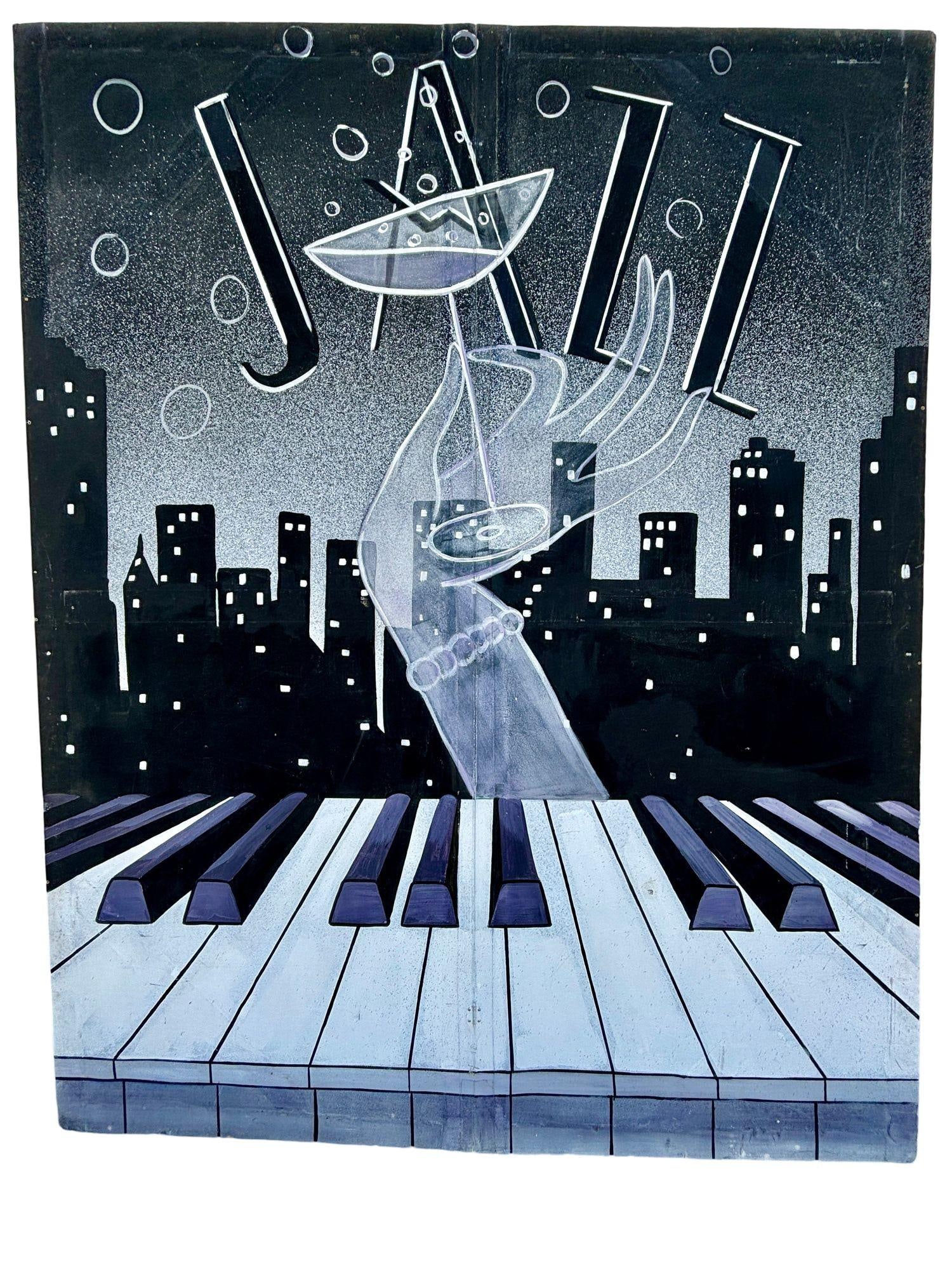 11' Foot Hand Painted Jazz Cityscape Oil on Canvas Screen - 3