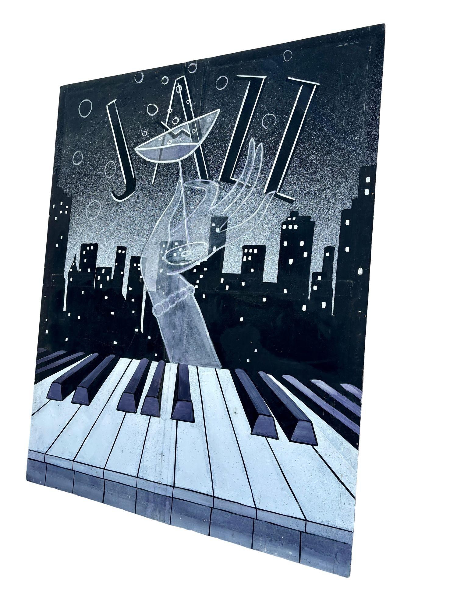 11' Foot Hand Painted Jazz Cityscape Oil on Canvas Screen - 4