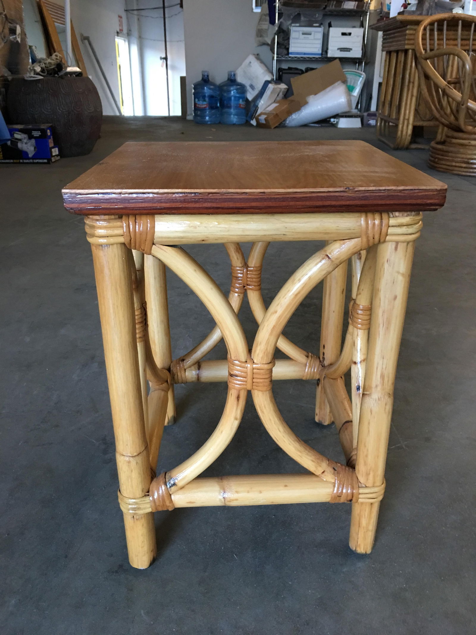 Restored Pre-WWII Rattan "Twin Arch" Side Table with Solid Mahogany Top - 17