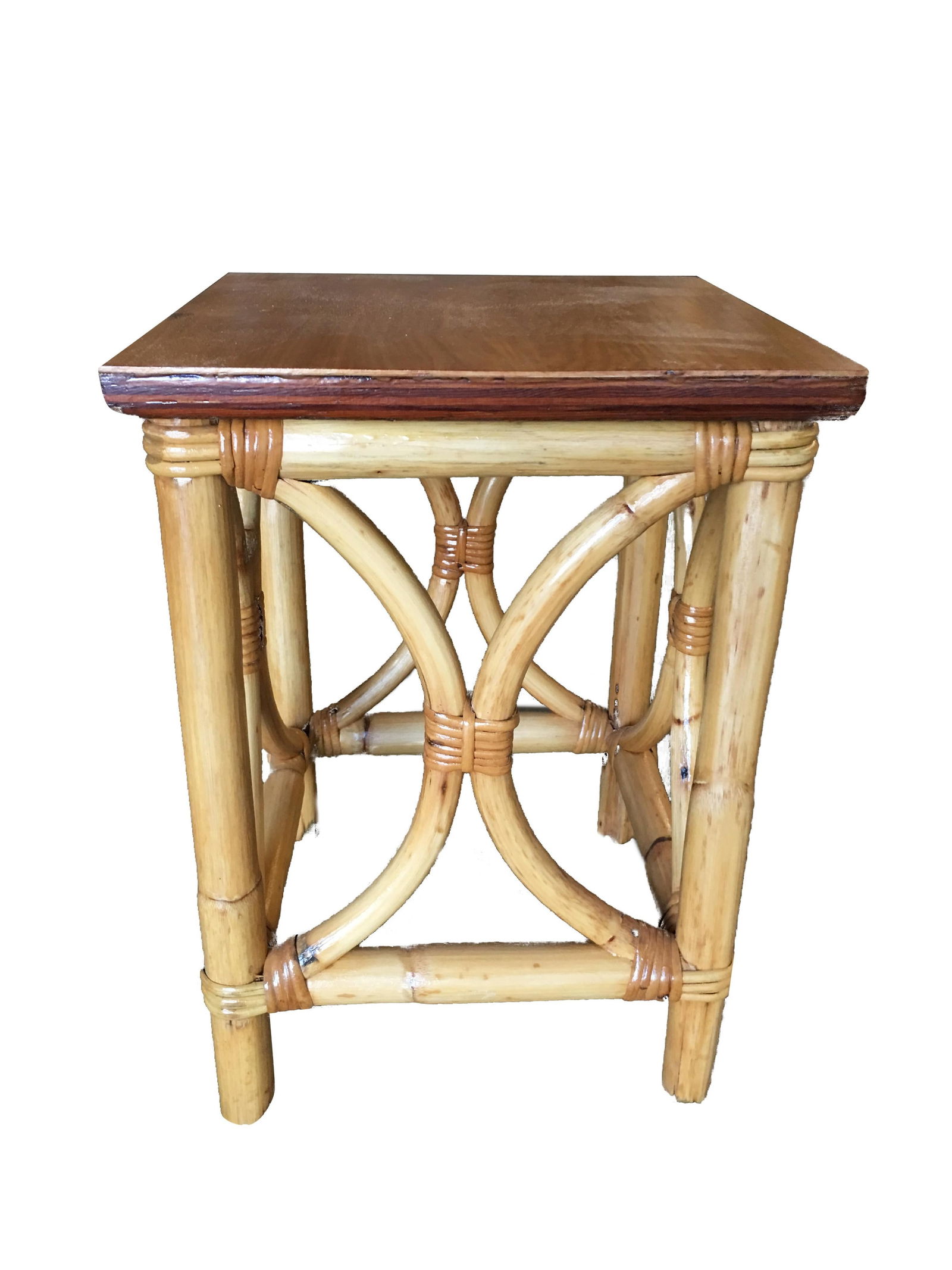 Restored Pre-WWII Rattan "Twin Arch" Side Table with Solid Mahogany Top - 8