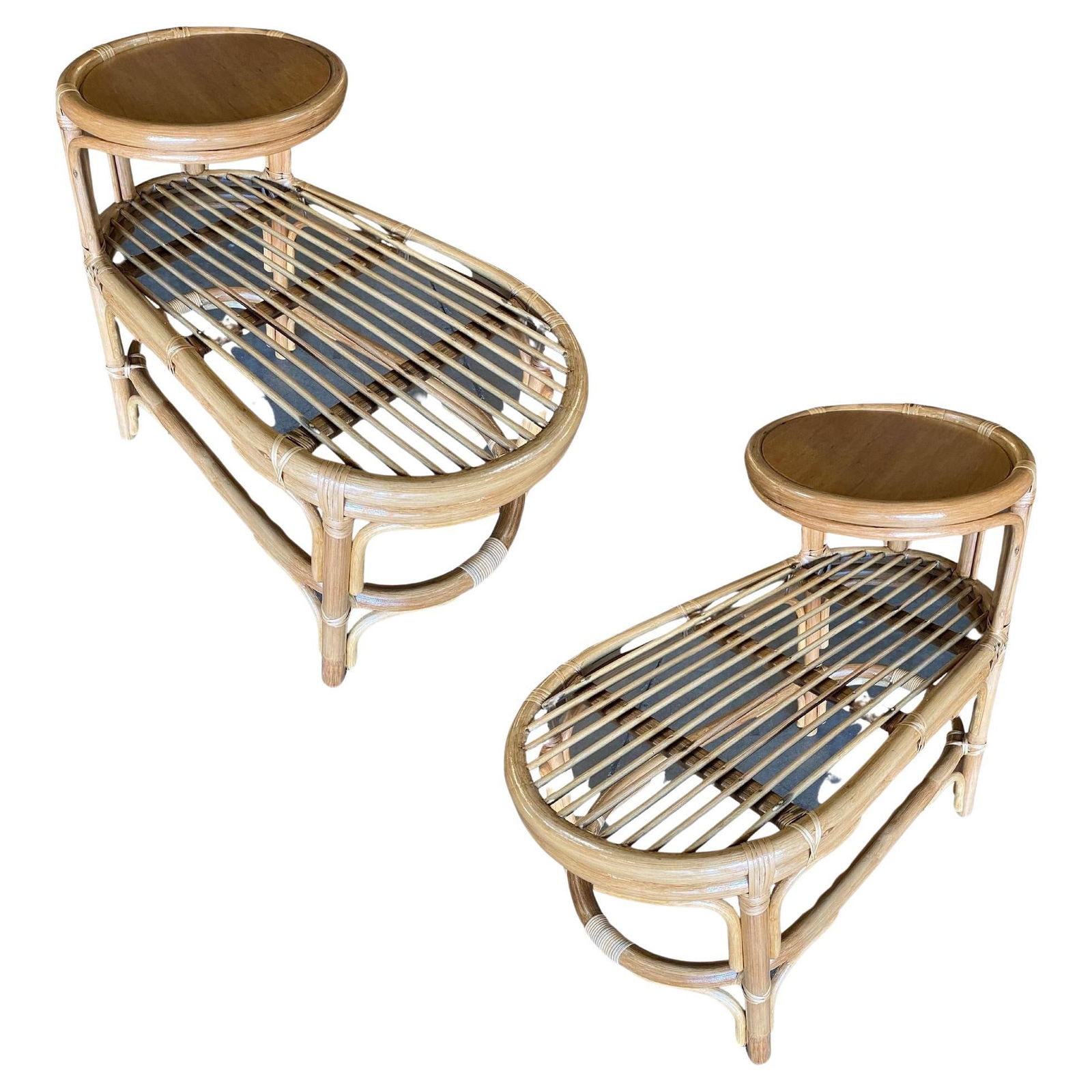 Restored Single Strand Rattan Side Table W/ Grill Top, Pair: Title: Restored Single Strand Rattan Side Table W/ Grill Top, Pair Description: These beautifully restored Paul Frankl-inspired mid-century single-strand two-tier rattan side tables with stick rattan
