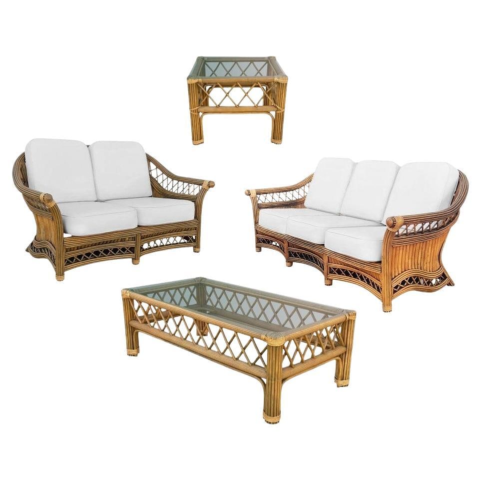 Art Deco "President" Stick Reed Rattan Fan Back Living Room Furniture Set - 7