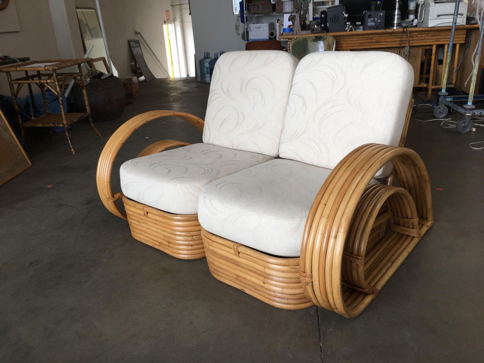 Restored "Double Tear Drop Arm" Rattan Sofa Sectional Settee W/ Stacked Base - 15