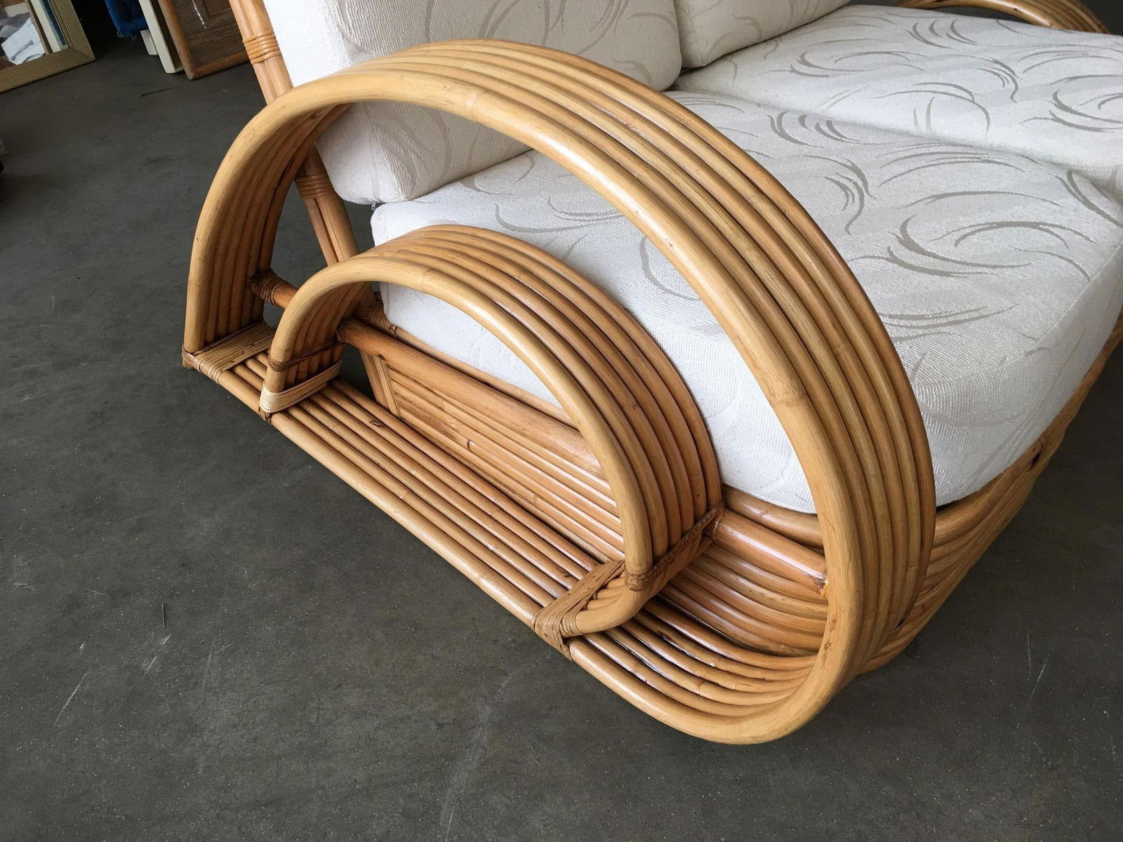 Restored "Double Tear Drop Arm" Rattan Sofa Sectional Settee W/ Stacked Base - 5