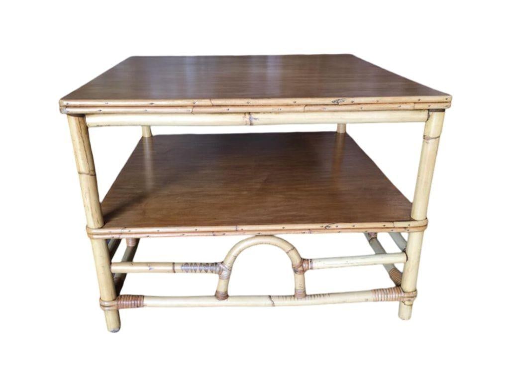 Restored Two-Tier Rattan "Center Horseshoe" Coffee Table W/ Mahogany Top - 13