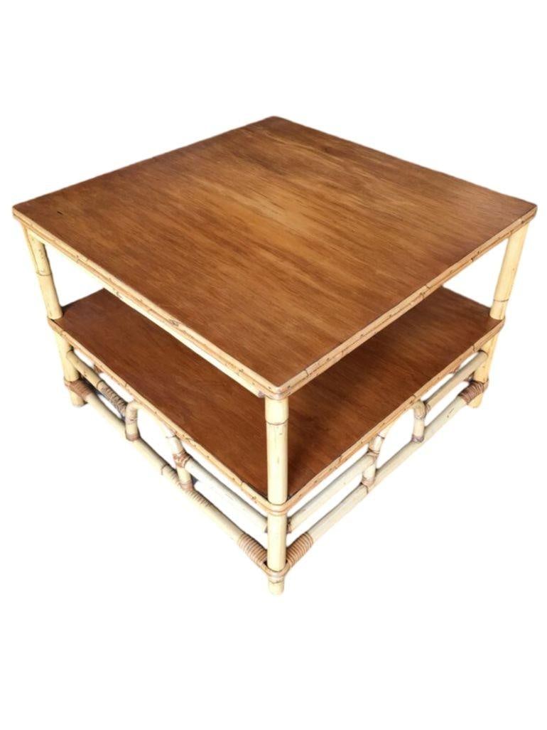 Restored Two-Tier Rattan "Center Horseshoe" Coffee Table W/ Mahogany Top - 5