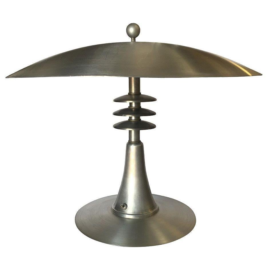 Art Deco Style Machine Age Table Lamp with Large Spun Aluminum Shade - 18