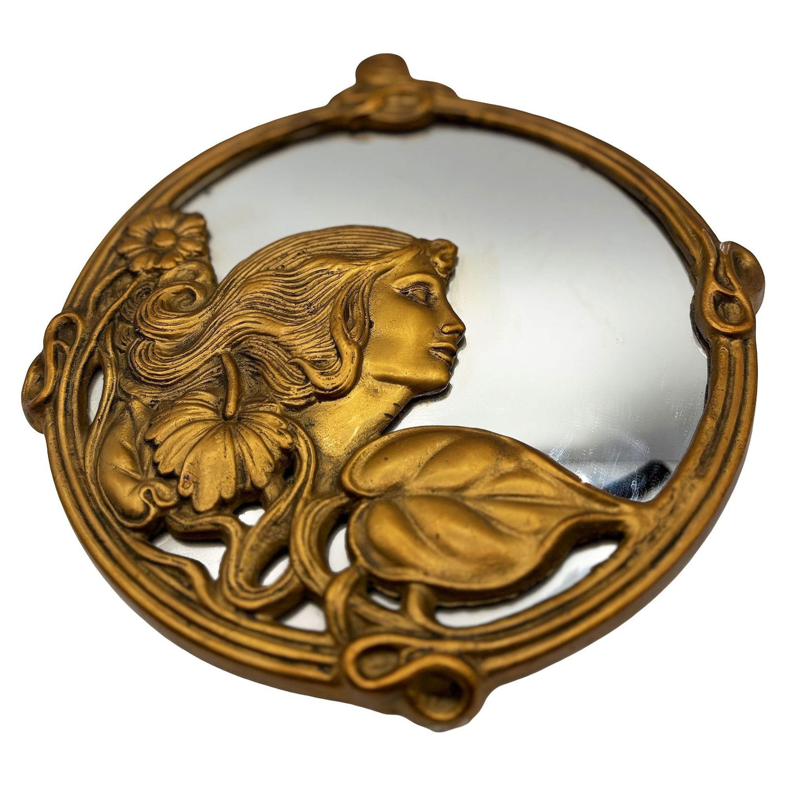 Cast Brass Art Nouveau Round Wall Mirror with Ivy Lady Portrait - 8