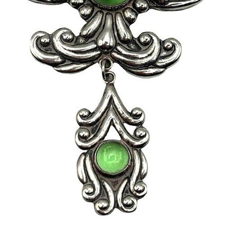 Silver Los Castillo Statement Brooch w Ornate Drop and Chrysoprase Stones - 10