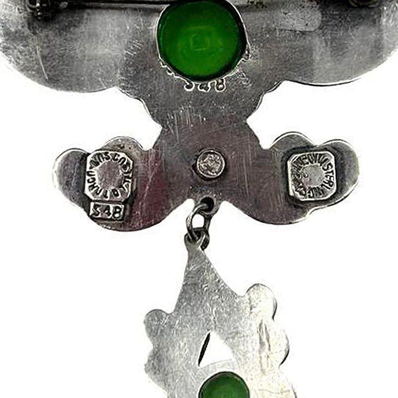 Silver Los Castillo Statement Brooch w Ornate Drop and Chrysoprase Stones - 12