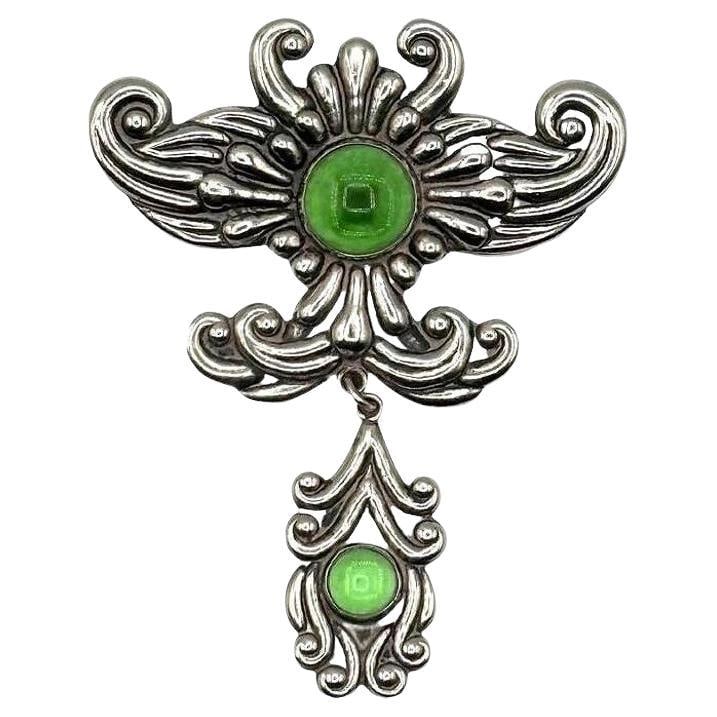 Silver Los Castillo Statement Brooch w Ornate Drop and Chrysoprase Stones - 13