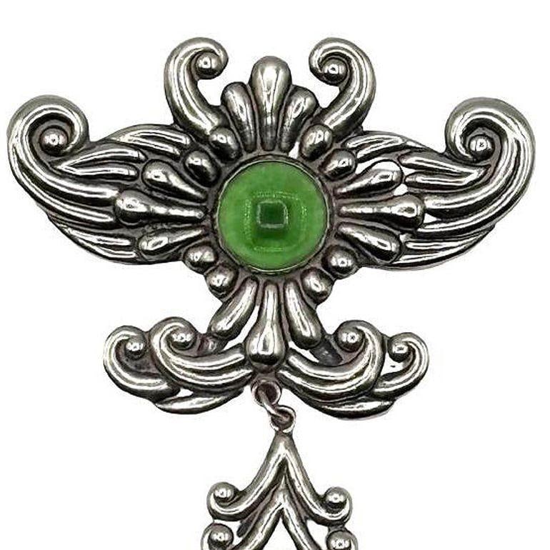 Silver Los Castillo Statement Brooch w Ornate Drop and Chrysoprase Stones - 15