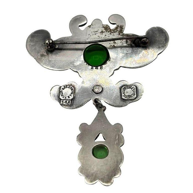 Silver Los Castillo Statement Brooch w Ornate Drop and Chrysoprase Stones - 5