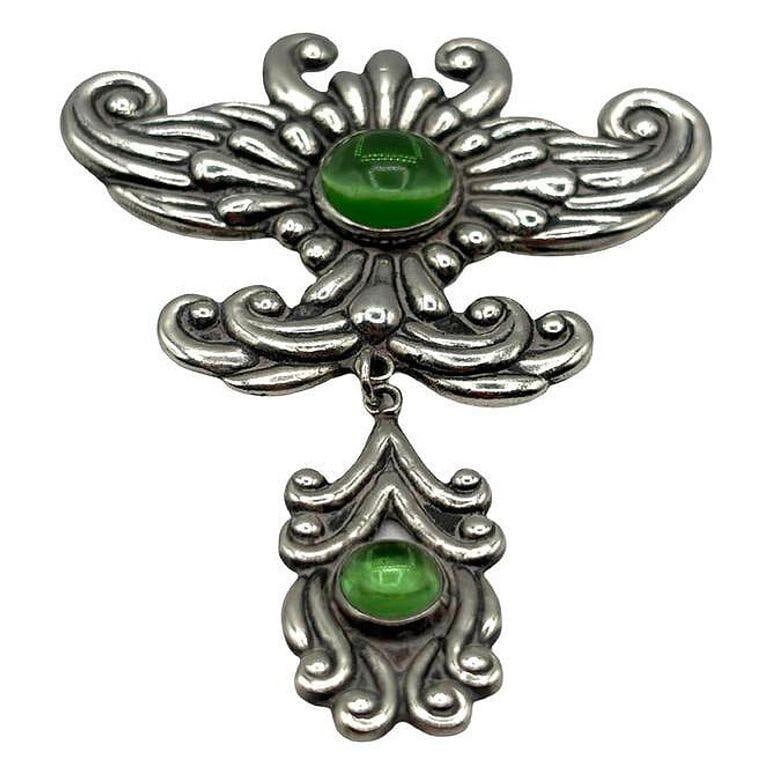 Silver Los Castillo Statement Brooch w Ornate Drop and Chrysoprase Stones - 8