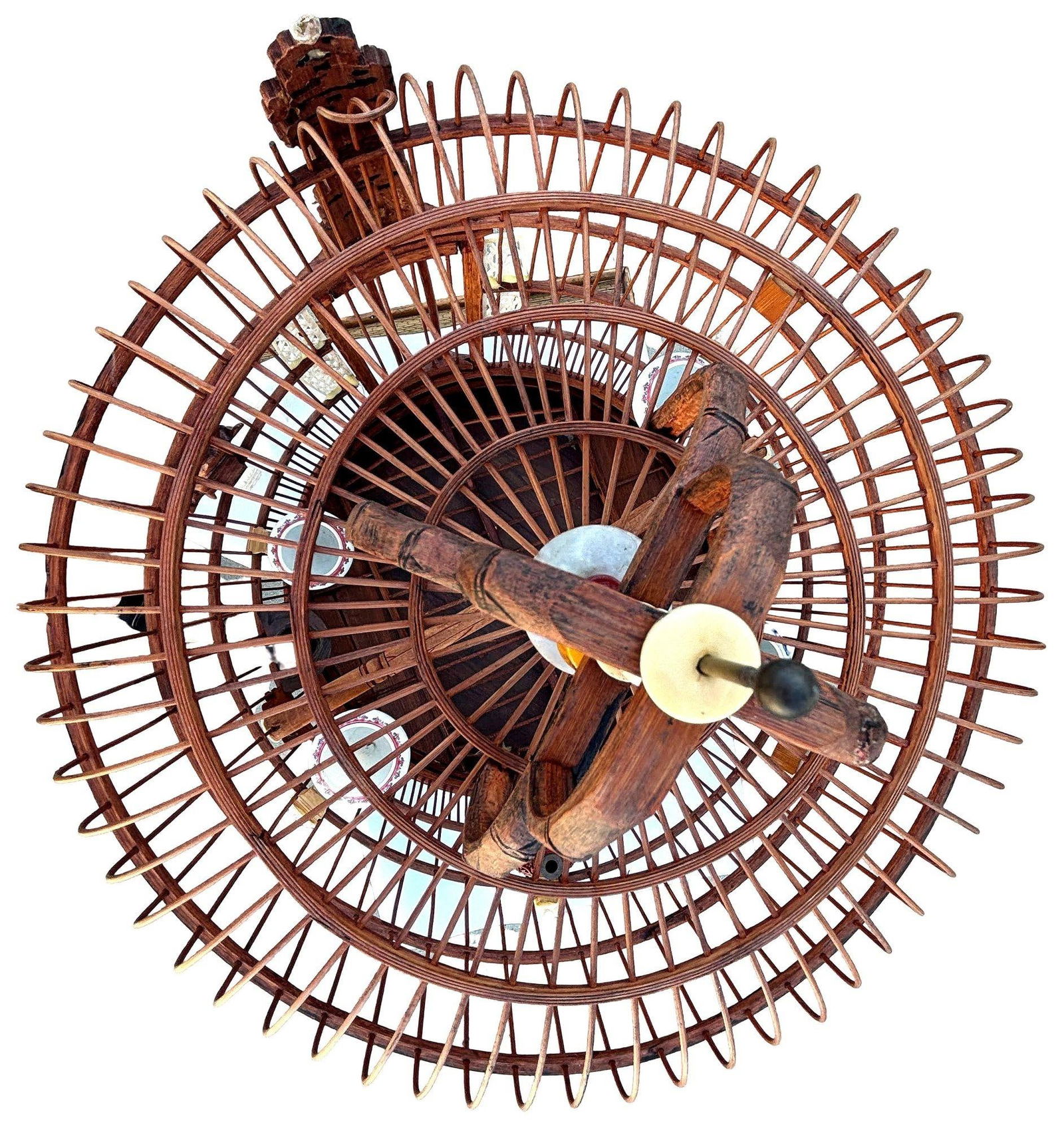 Antique Chinese Reed Rattan Birdcage Porcelain Bowls, Jade, with Pin Lock - 10