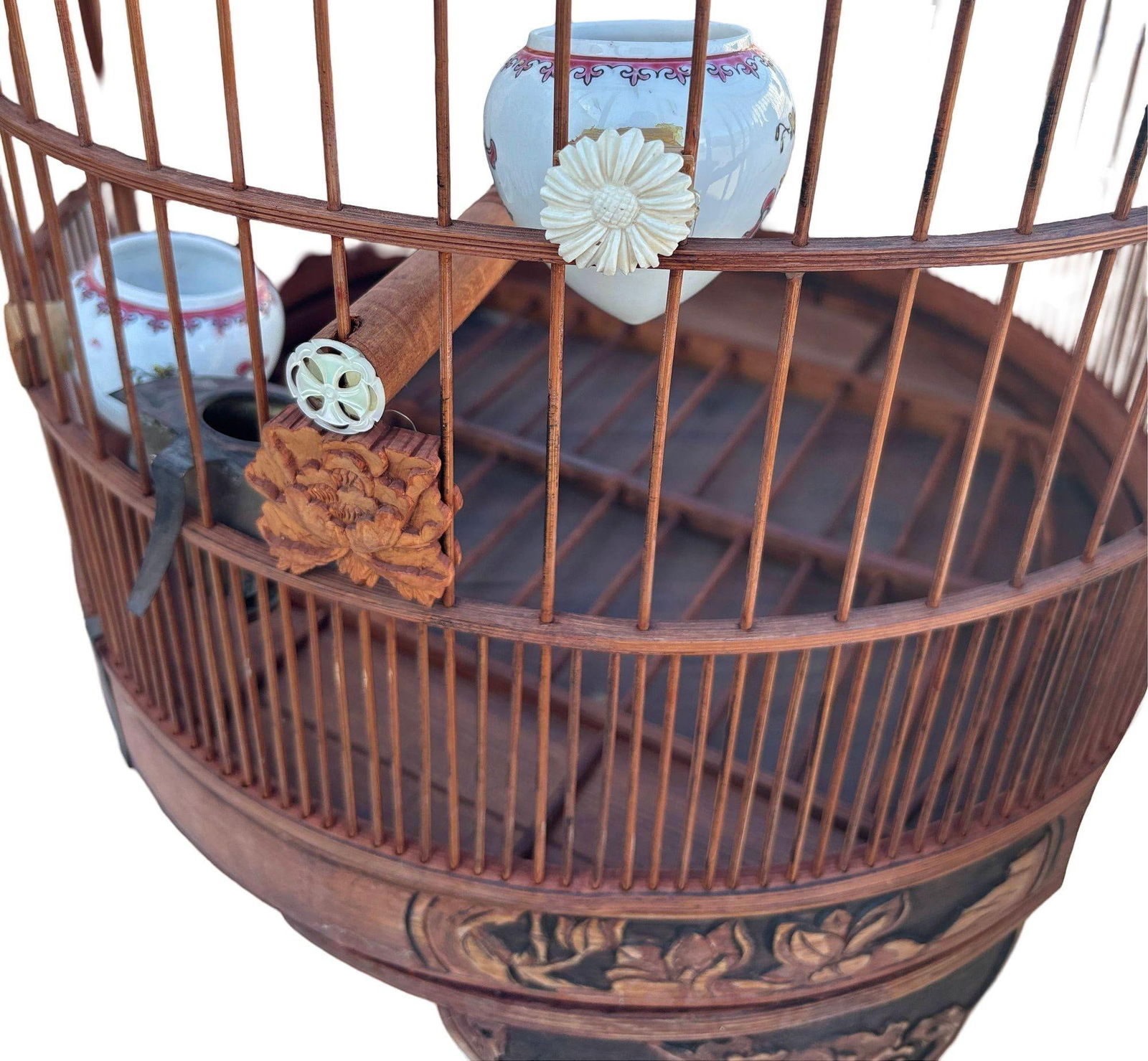Antique Chinese Reed Rattan Birdcage Porcelain Bowls, Jade, with Pin Lock - 11