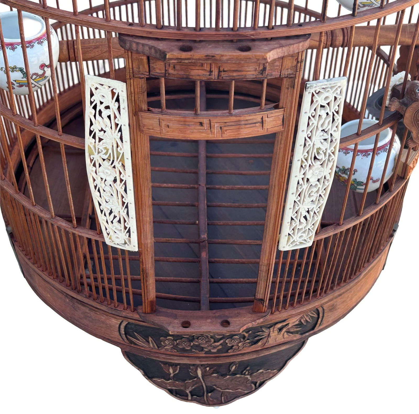 Antique Chinese Reed Rattan Birdcage Porcelain Bowls, Jade, with Pin Lock - 12