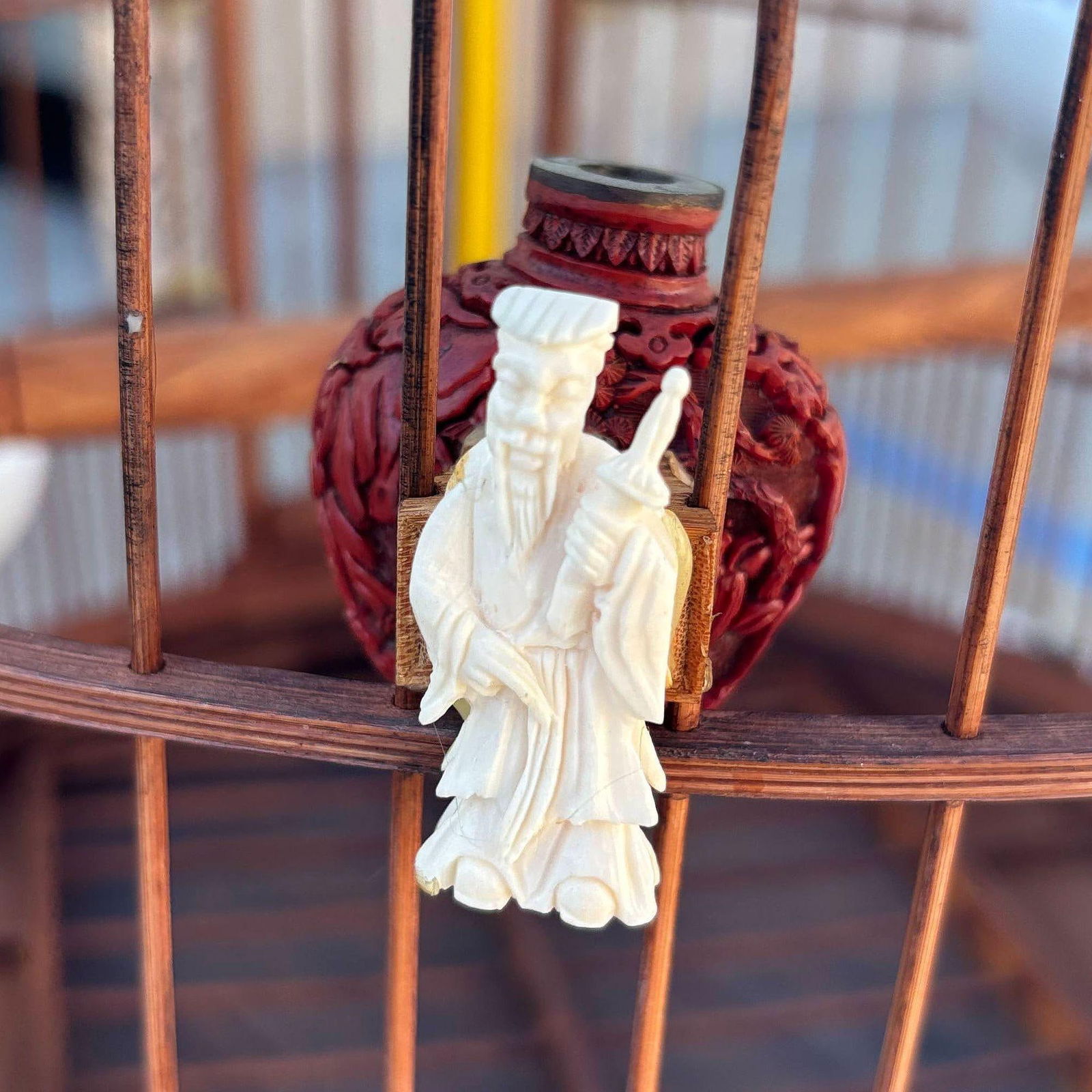 Antique Chinese Reed Rattan Birdcage Porcelain Bowls, Jade, with Pin Lock - 14
