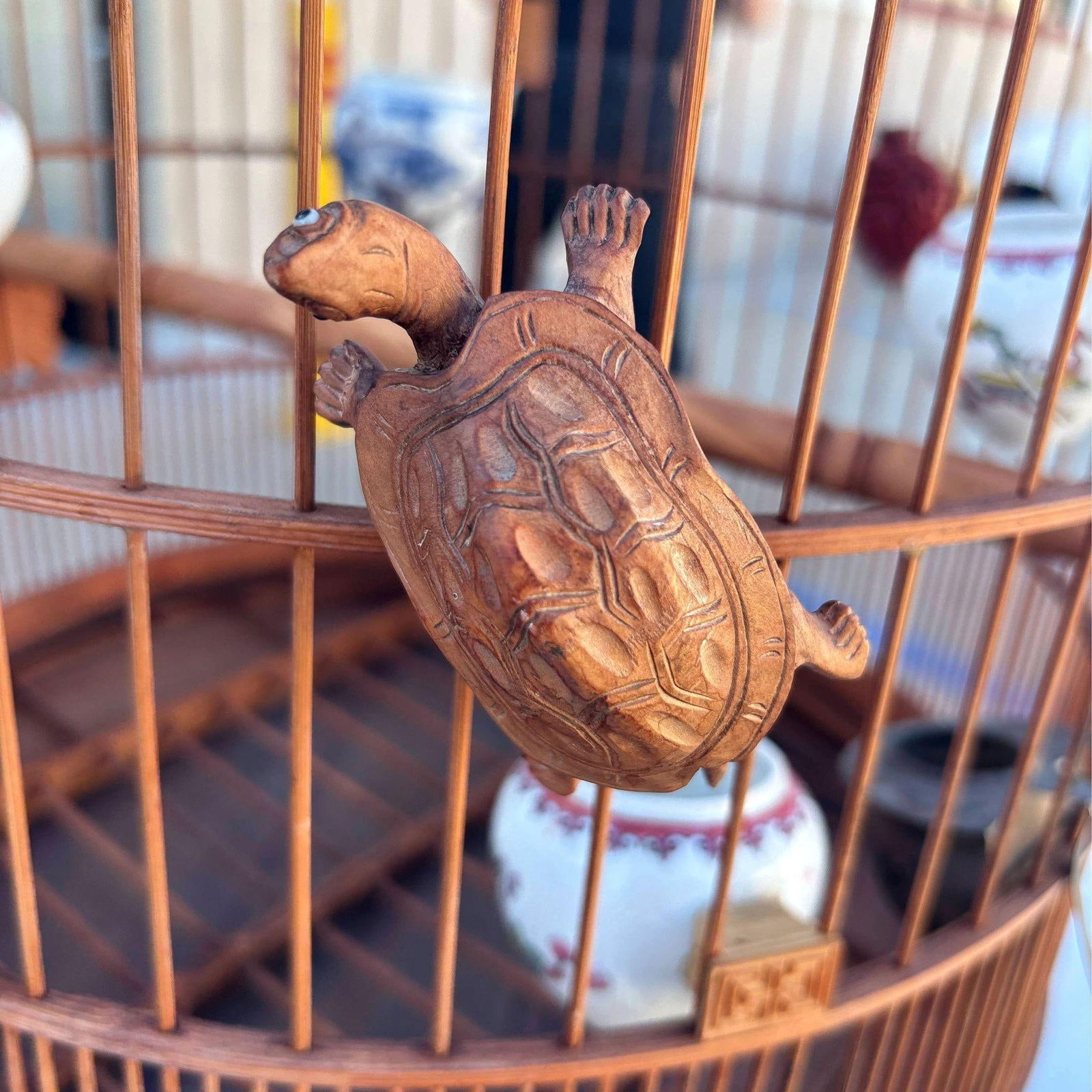 Antique Chinese Reed Rattan Birdcage Porcelain Bowls, Jade, with Pin Lock - 18