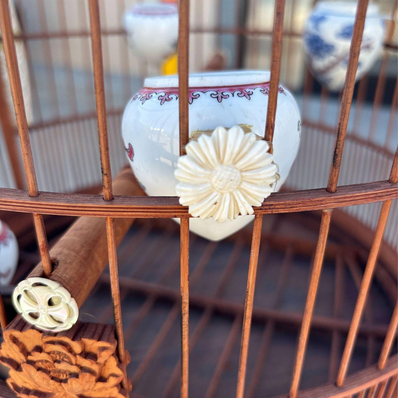 Antique Chinese Reed Rattan Birdcage Porcelain Bowls, Jade, with Pin Lock - 19