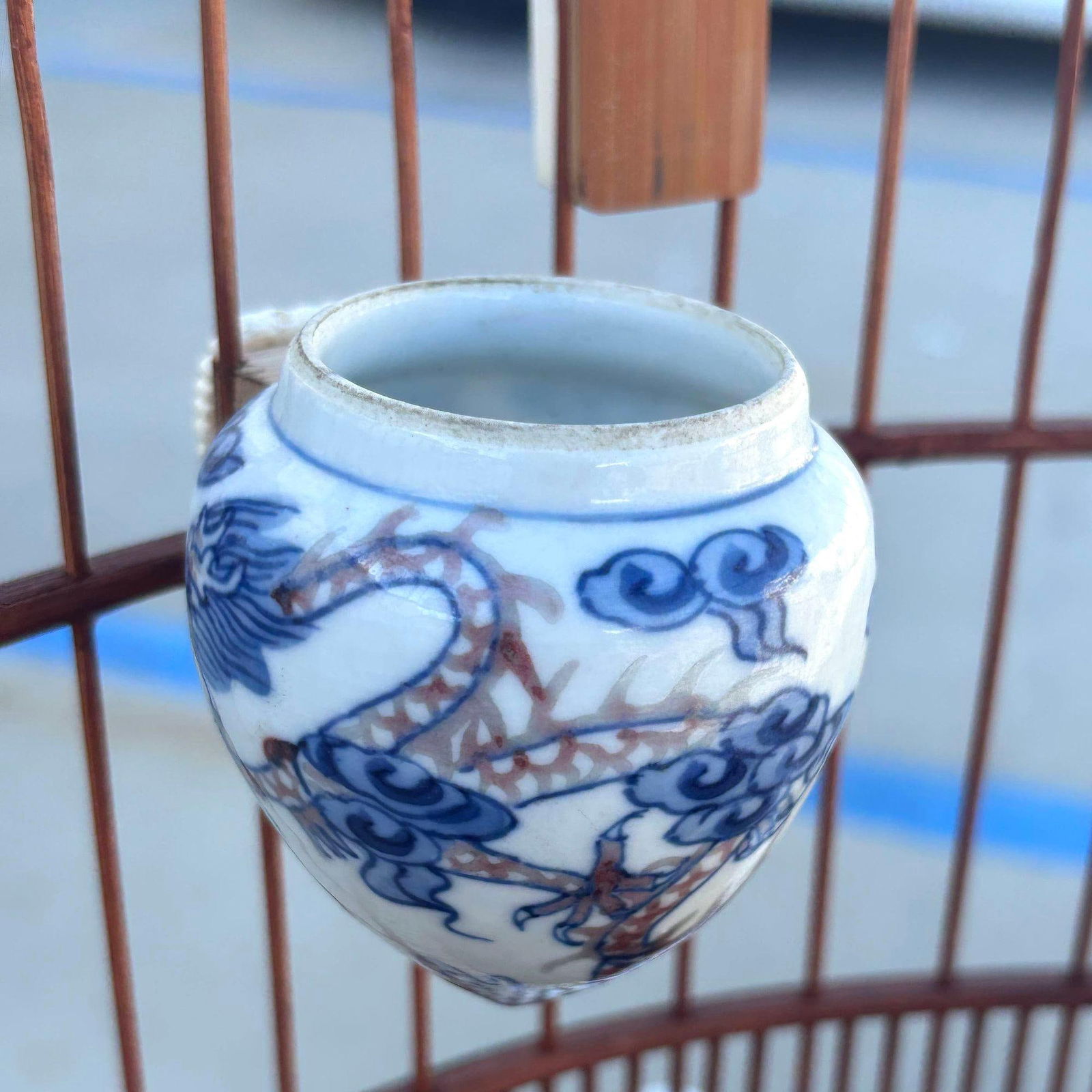 Antique Chinese Reed Rattan Birdcage Porcelain Bowls, Jade, with Pin Lock - 3