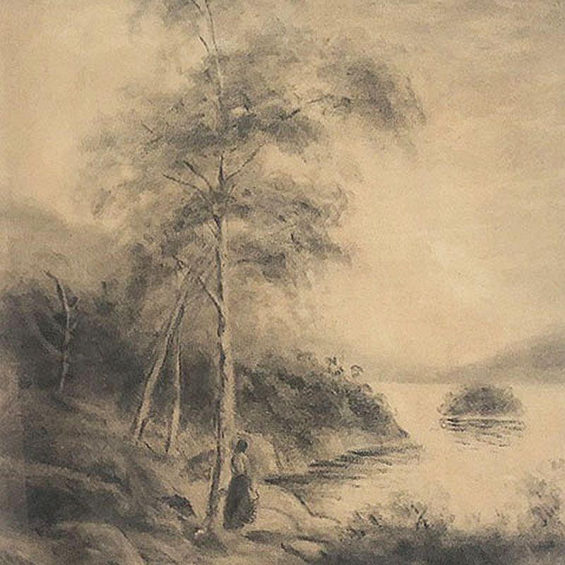 Framed Women by Lake Landscape Charcoal on Paper by Irene Radcliffe, 1971 - 4