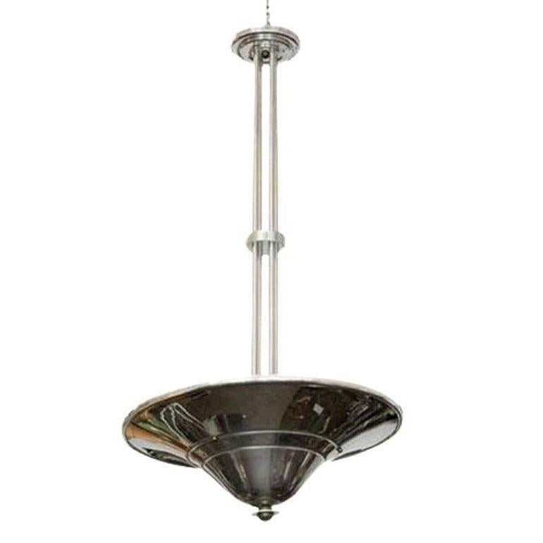 Streamline Art Deco Chrom Steel Saturn Saucer Ceiling Pendant Lamp, Pair - 3