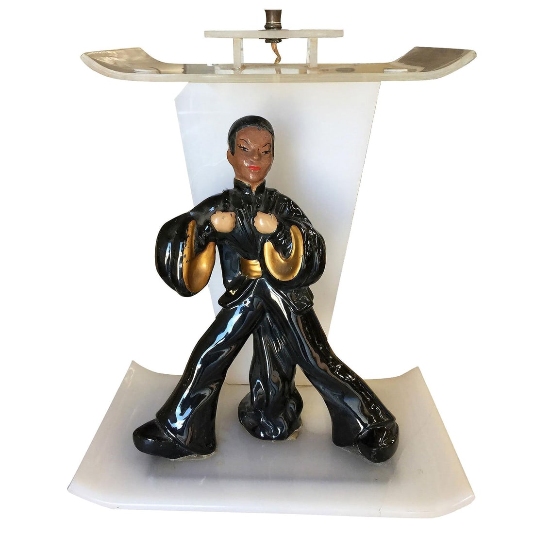 Midcentury Asian Inspired Lucite Sculptural Lamp by Moss: Title: Midcentury Asian Inspired Lucite Sculptural Lamp by Moss Description: Midcentury Asian inspired Lucite lamp by Moss featuring a handcrafted acrylic lamp with decorative ceramic China man statue
