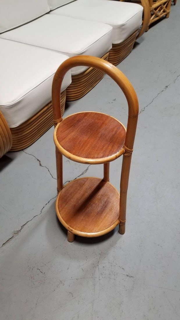 Restored Rattan & Mahogany Mini Side Drink/Smoke Stand w/ Handle - 17