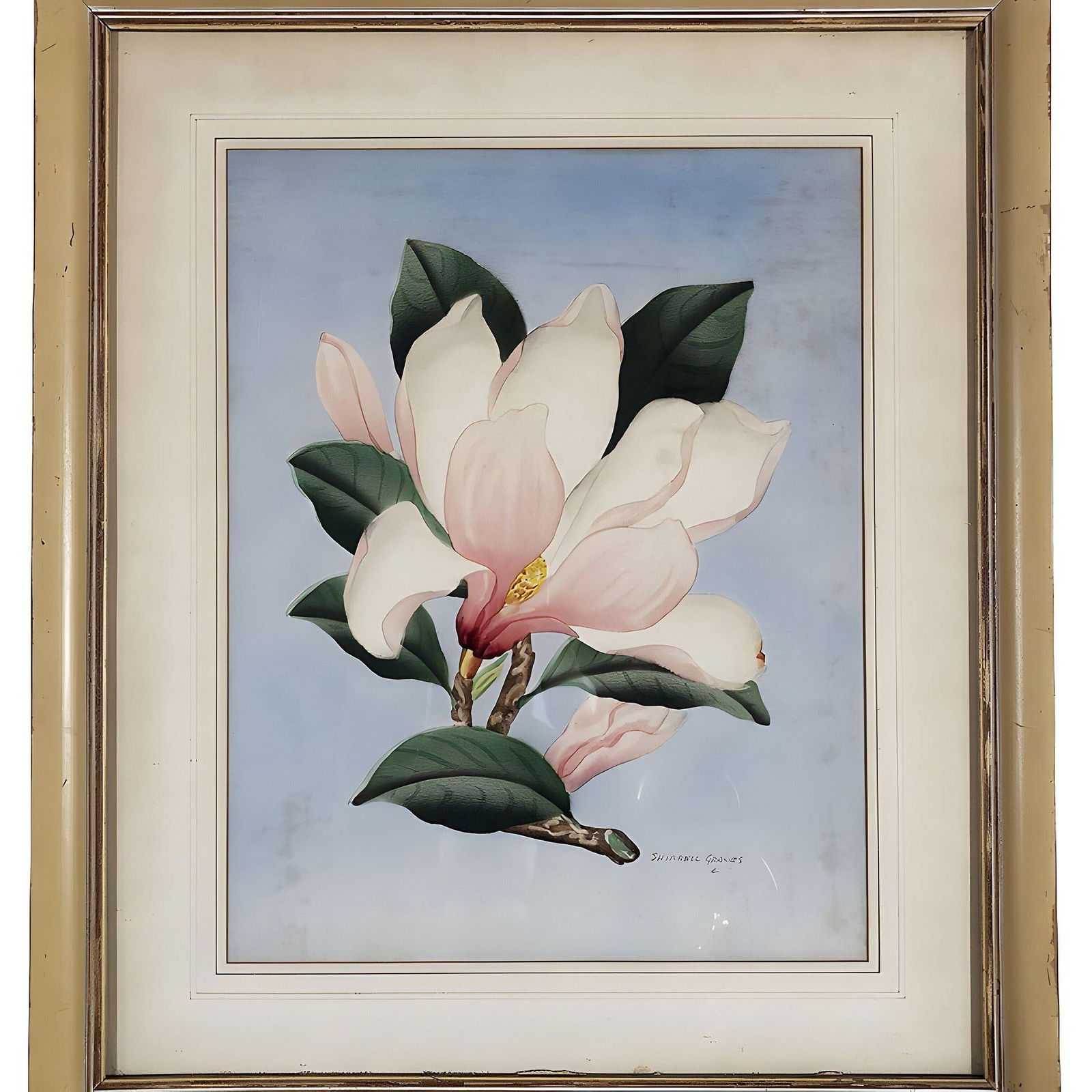 White/Pink Magnolia Watercolor Painting on Paper Signed Shirrell Graves, Framed - 4