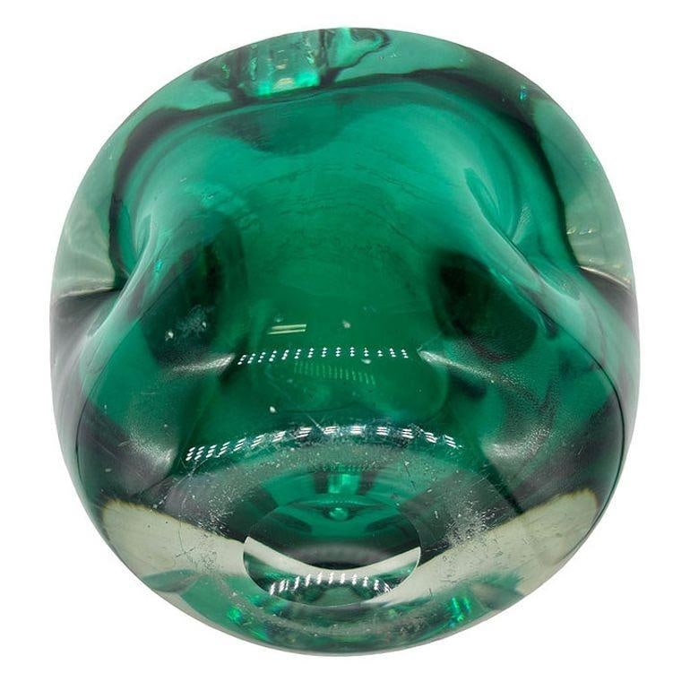 Hand Blown Emerald Green Murano Weighted Cased Art Glass Ashtray - 14