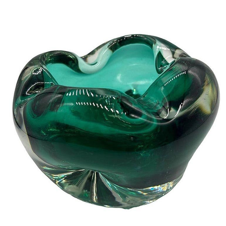Hand Blown Emerald Green Murano Weighted Cased Art Glass Ashtray - 16