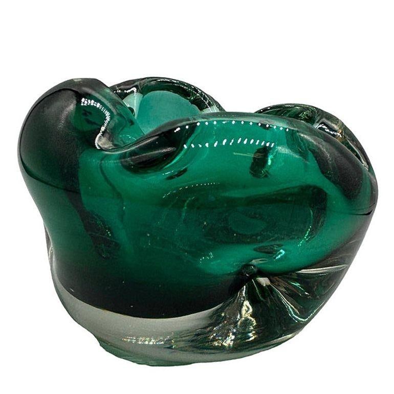 Hand Blown Emerald Green Murano Weighted Cased Art Glass Ashtray - 20